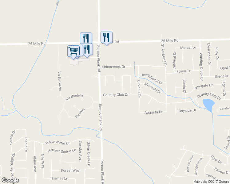 map of restaurants, bars, coffee shops, grocery stores, and more near 16809 Country Club Drive in Macomb