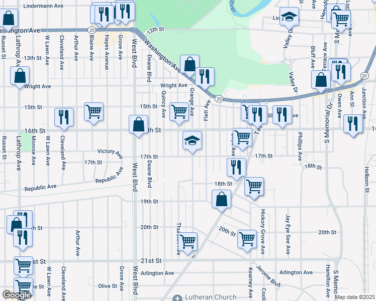 map of restaurants, bars, coffee shops, grocery stores, and more near 1648 Grange Avenue in Racine