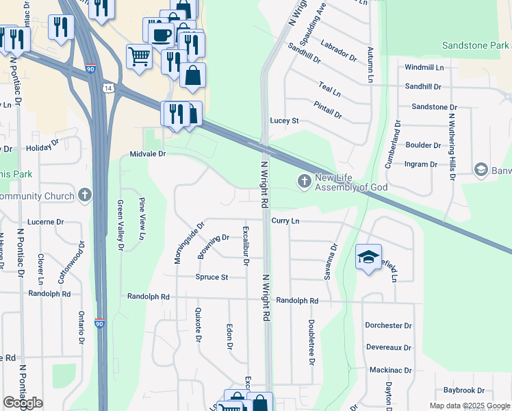 map of restaurants, bars, coffee shops, grocery stores, and more near 2407 North Wright Road in Janesville