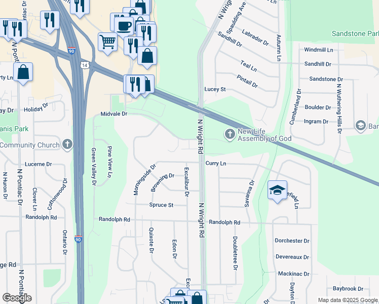 map of restaurants, bars, coffee shops, grocery stores, and more near 3440 Midvale Drive in Janesville