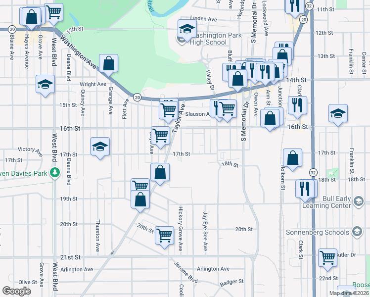 map of restaurants, bars, coffee shops, grocery stores, and more near 1648 Morton Avenue in Racine