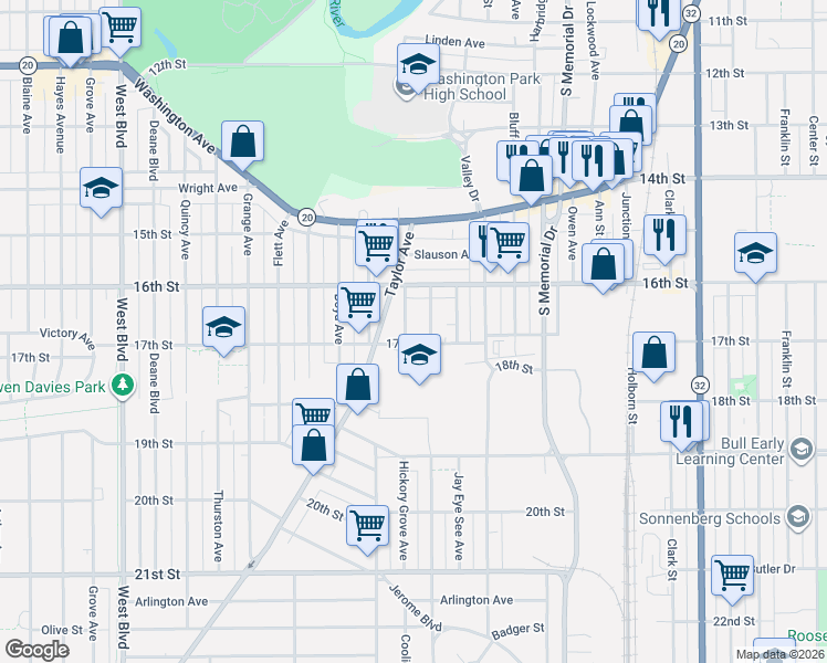 map of restaurants, bars, coffee shops, grocery stores, and more near 1648 Morton Avenue in Racine
