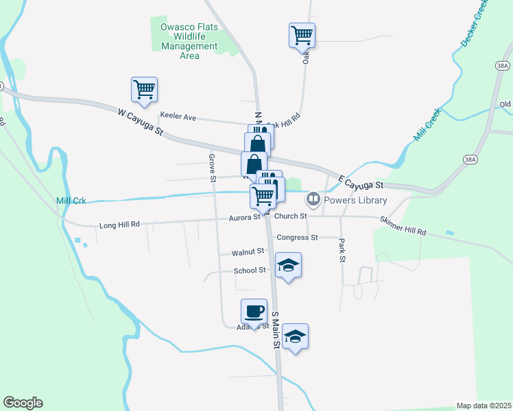 map of restaurants, bars, coffee shops, grocery stores, and more near 109 Main St in Moravia