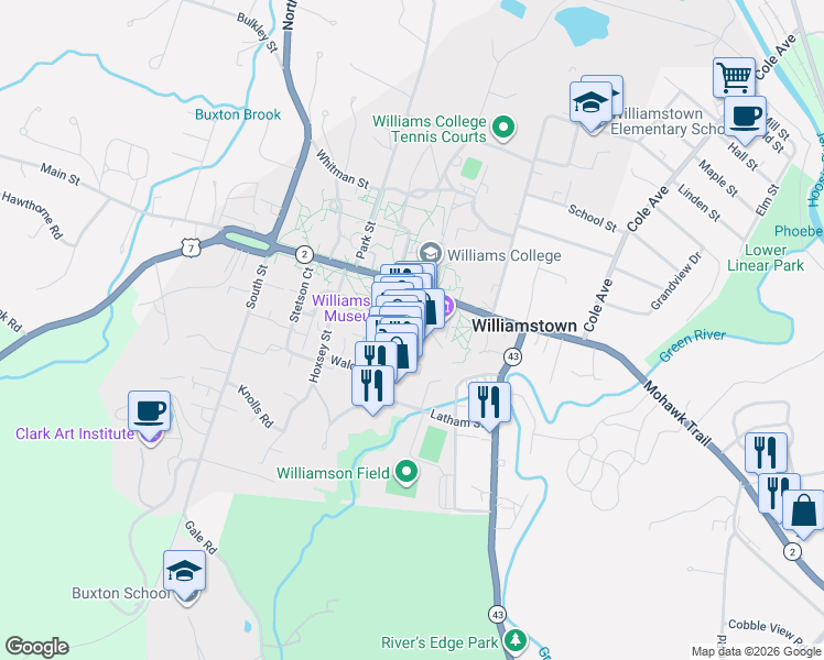 map of restaurants, bars, coffee shops, grocery stores, and more near 28 Spring Street in Williamstown