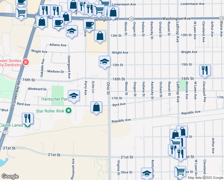 map of restaurants, bars, coffee shops, grocery stores, and more near 4618 Victory Avenue in Racine