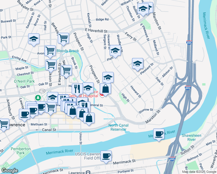 map of restaurants, bars, coffee shops, grocery stores, and more near 73 Prospect Street in Lawrence