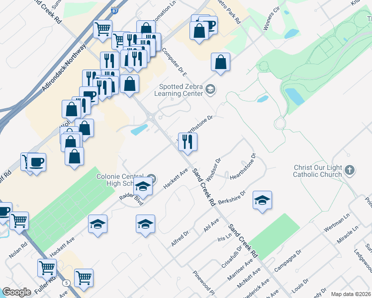 map of restaurants, bars, coffee shops, grocery stores, and more near 399 Sand Creek Road in Albany