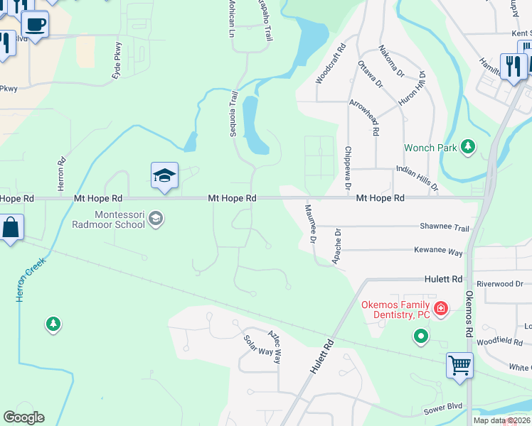 map of restaurants, bars, coffee shops, grocery stores, and more near 2593 Mount Hope Road in Meridian charter Township