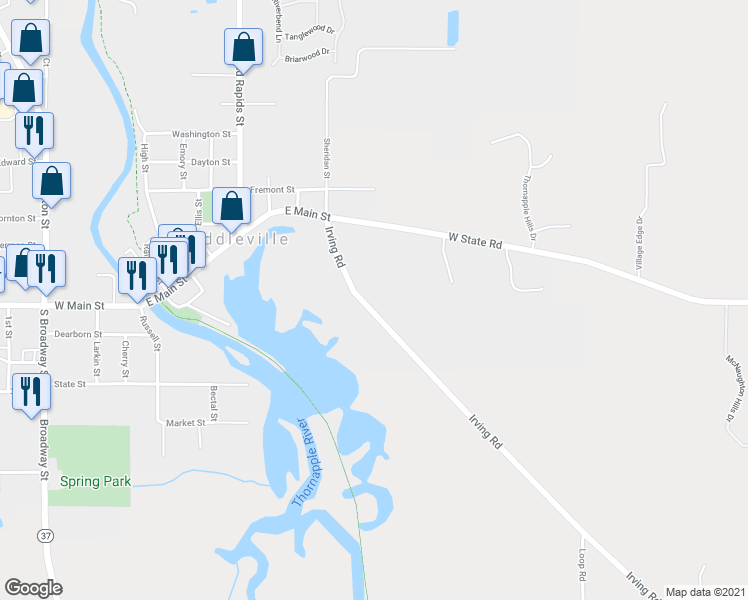 map of restaurants, bars, coffee shops, grocery stores, and more near 150 Irving Road in Middleville