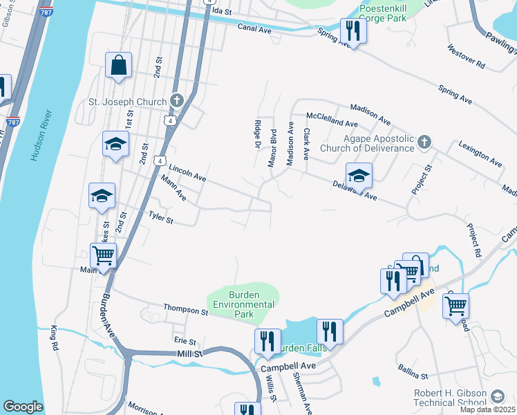 map of restaurants, bars, coffee shops, grocery stores, and more near 115 Mann Avenue in Troy