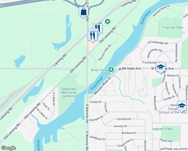 map of restaurants, bars, coffee shops, grocery stores, and more near 3833 Waverly Hills Road in Lansing