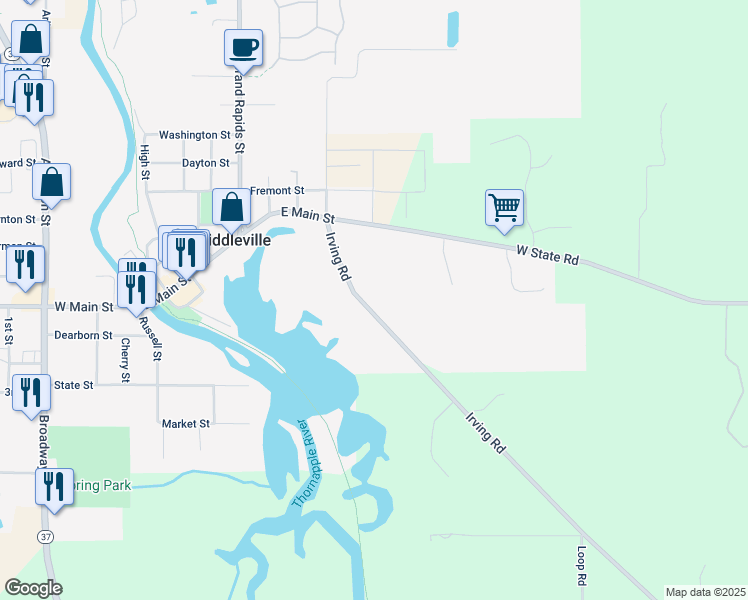 map of restaurants, bars, coffee shops, grocery stores, and more near 150 Irving Road in Middleville