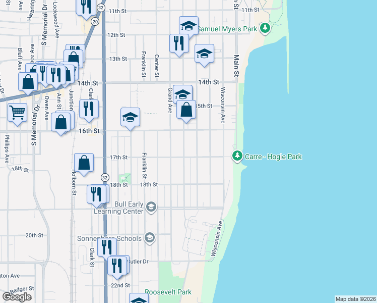 map of restaurants, bars, coffee shops, grocery stores, and more near 1656 Park Avenue in Racine