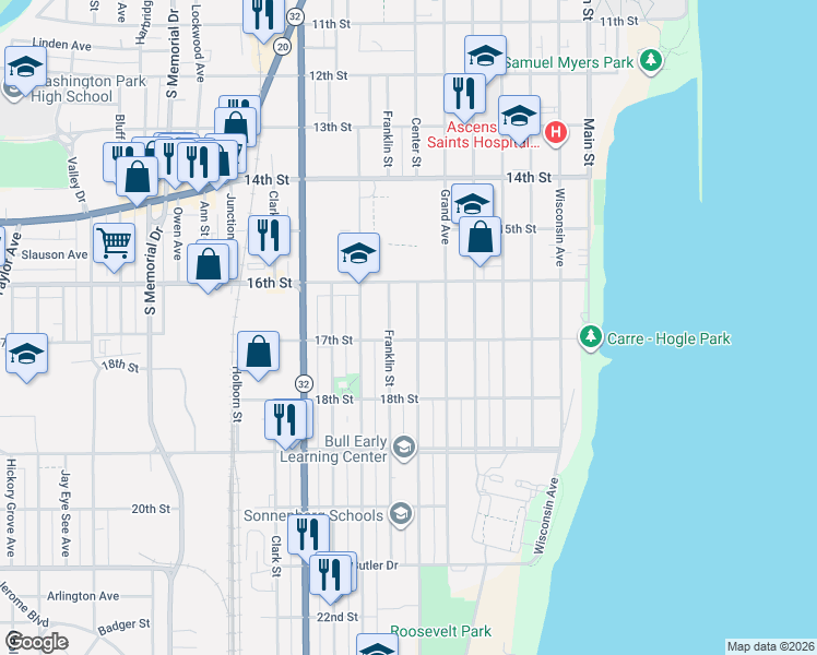 map of restaurants, bars, coffee shops, grocery stores, and more near 720 17th Street in Racine