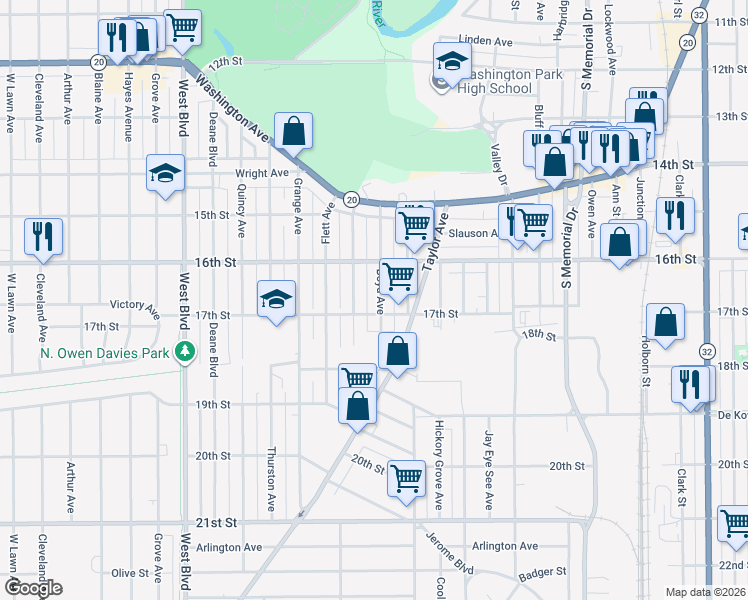 map of restaurants, bars, coffee shops, grocery stores, and more near 1649 Holmes Avenue in Racine