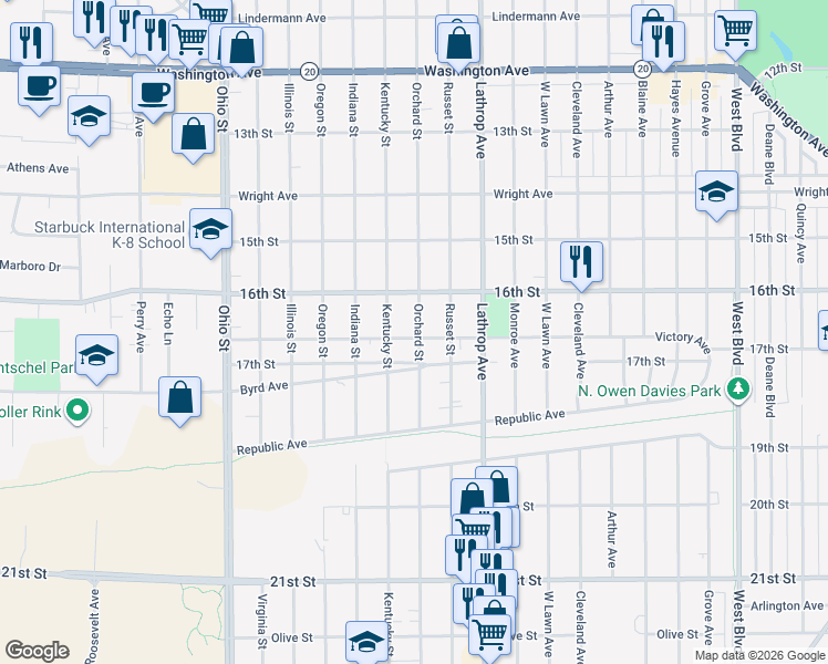 map of restaurants, bars, coffee shops, grocery stores, and more near 4016 Victory Avenue in Racine