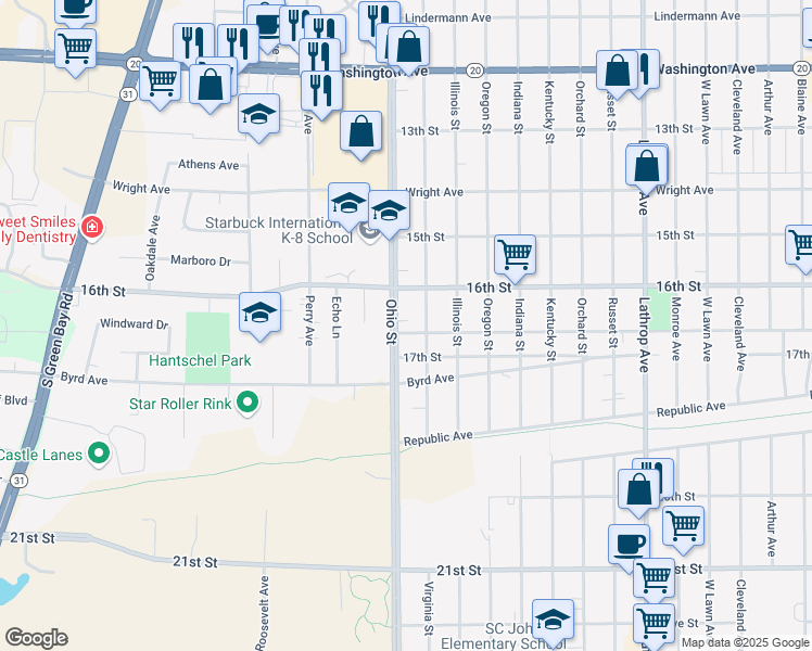 map of restaurants, bars, coffee shops, grocery stores, and more near 4618 Victory Avenue in Racine