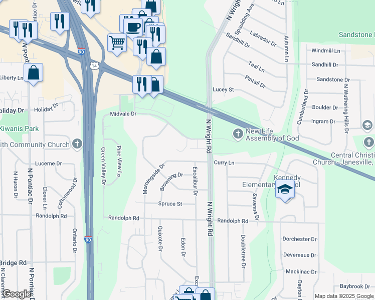 map of restaurants, bars, coffee shops, grocery stores, and more near 3440 Midvale Drive in Janesville