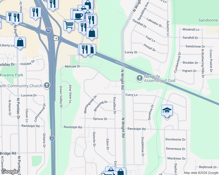 map of restaurants, bars, coffee shops, grocery stores, and more near 3440 Midvale Drive in Janesville
