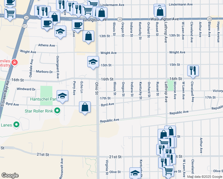 map of restaurants, bars, coffee shops, grocery stores, and more near 4510 Victory Avenue in Racine