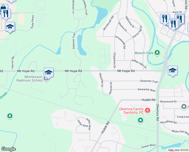 map of restaurants, bars, coffee shops, grocery stores, and more near 4473 Maumee Drive in Meridian charter Township