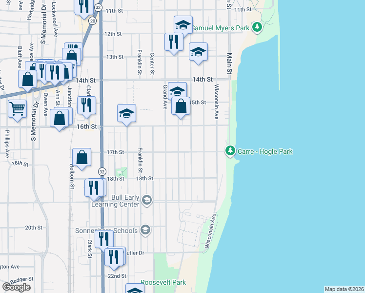 map of restaurants, bars, coffee shops, grocery stores, and more near 1656 Park Avenue in Racine