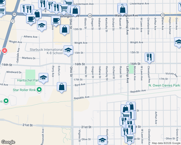 map of restaurants, bars, coffee shops, grocery stores, and more near 4404 Victory Avenue in Racine