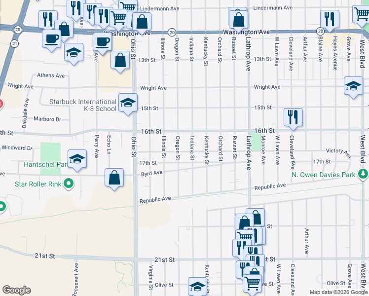 map of restaurants, bars, coffee shops, grocery stores, and more near 4301 Victory Avenue in Racine