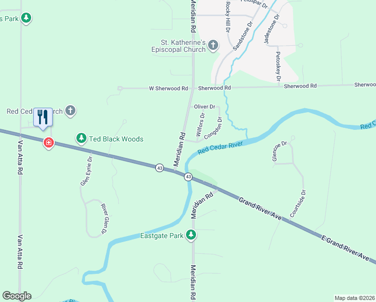 map of restaurants, bars, coffee shops, grocery stores, and more near 3785 Meridian Road in Williamston