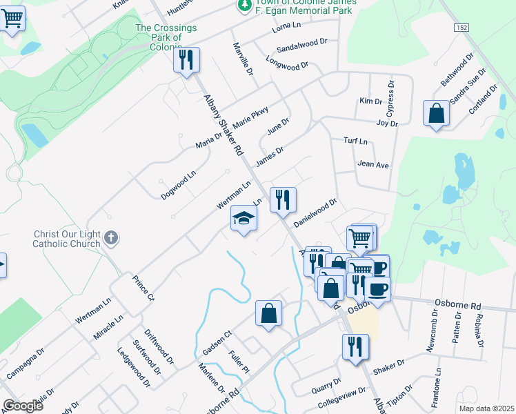 map of restaurants, bars, coffee shops, grocery stores, and more near 4 Miracle Lane in Albany