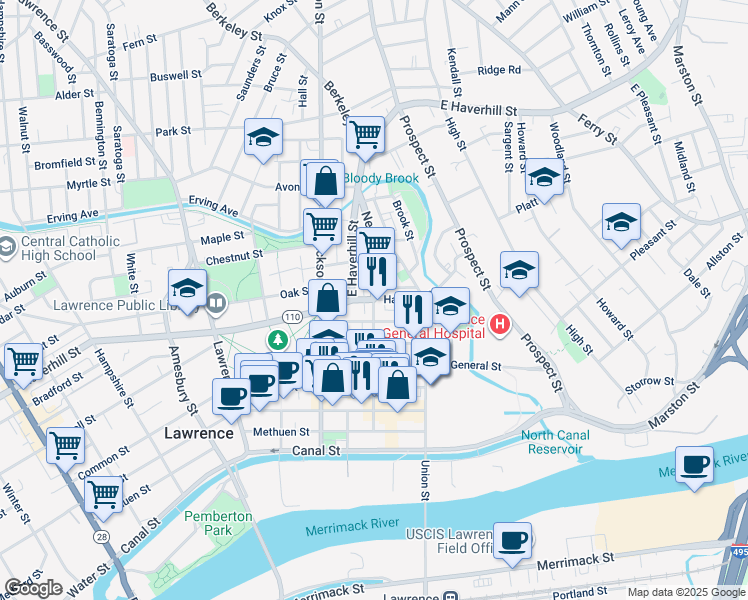 map of restaurants, bars, coffee shops, grocery stores, and more near 93 Haverhill Street in Lawrence