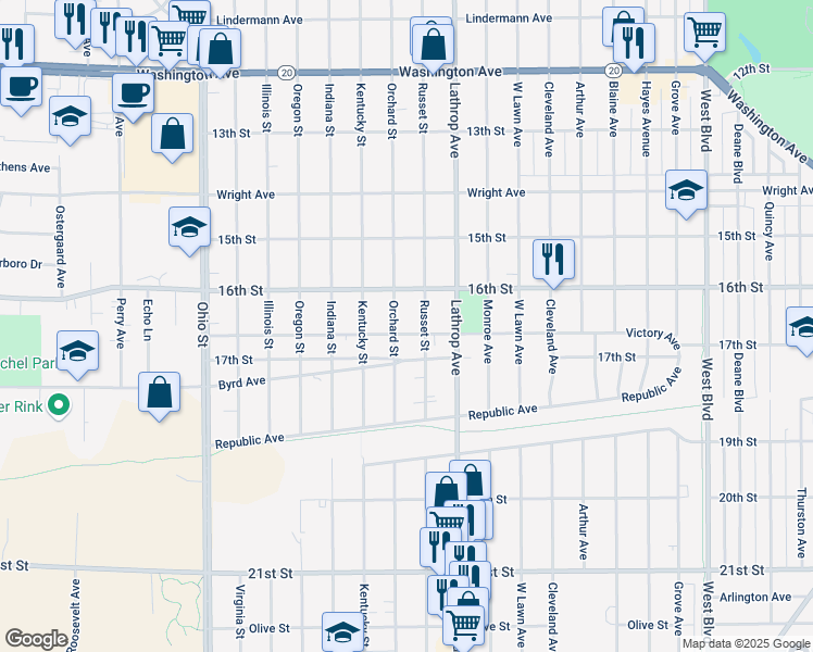 map of restaurants, bars, coffee shops, grocery stores, and more near 4016 Victory Avenue in Racine