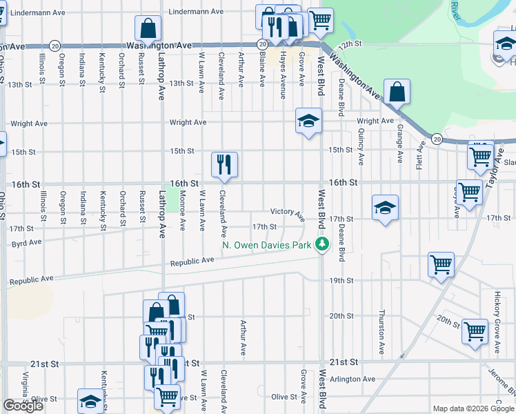 map of restaurants, bars, coffee shops, grocery stores, and more near 3415 Victory Avenue in Racine