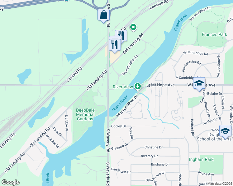 map of restaurants, bars, coffee shops, grocery stores, and more near 3833 Waverly Hills Road in Lansing