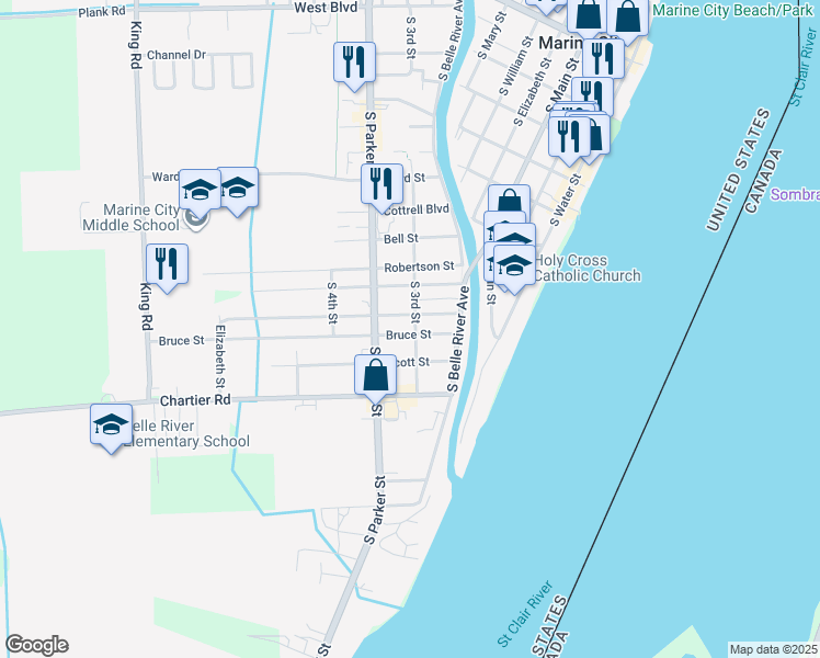 map of restaurants, bars, coffee shops, grocery stores, and more near 312 Bruce Street in Marine City