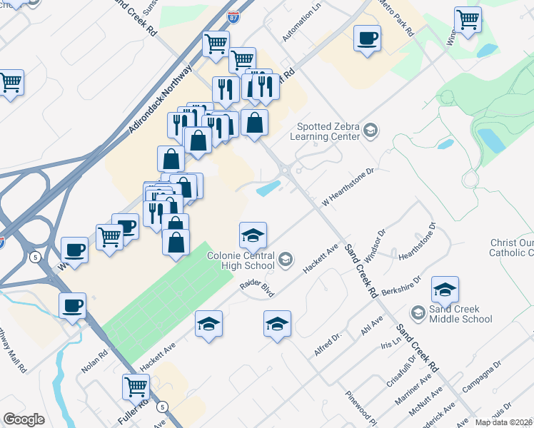 map of restaurants, bars, coffee shops, grocery stores, and more near 422 Sand Creek Road in Albany