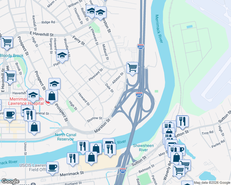 map of restaurants, bars, coffee shops, grocery stores, and more near 102 Marston Street in Lawrence