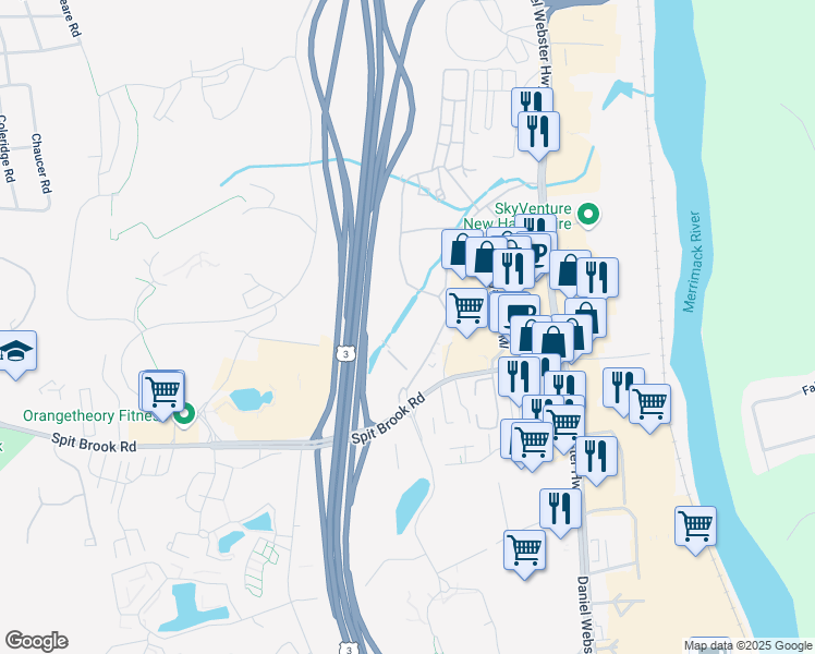map of restaurants, bars, coffee shops, grocery stores, and more near 11 Newcastle Drive in Nashua
