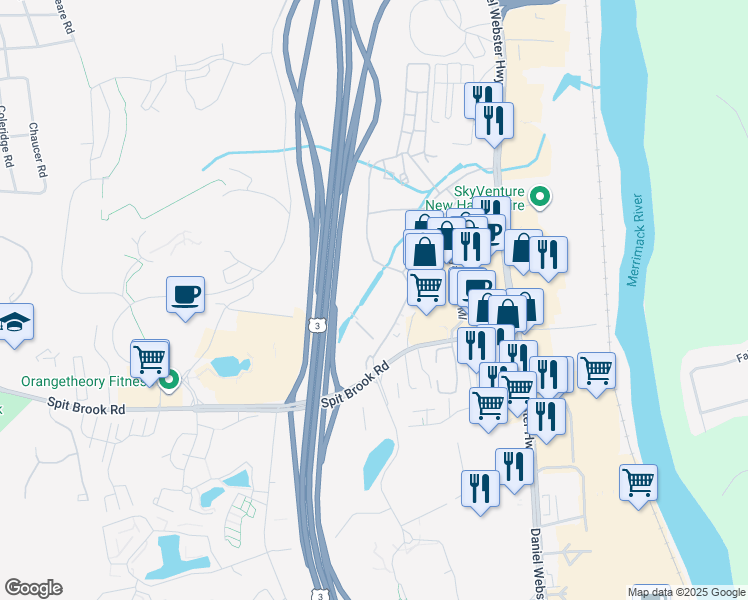 map of restaurants, bars, coffee shops, grocery stores, and more near 11 Newcastle Drive in Nashua