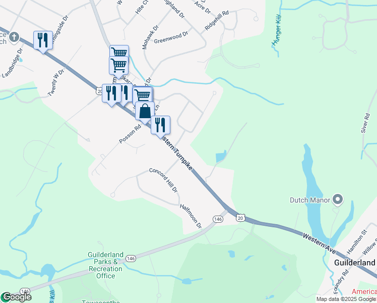 map of restaurants, bars, coffee shops, grocery stores, and more near 2505 Western Avenue in Altamont