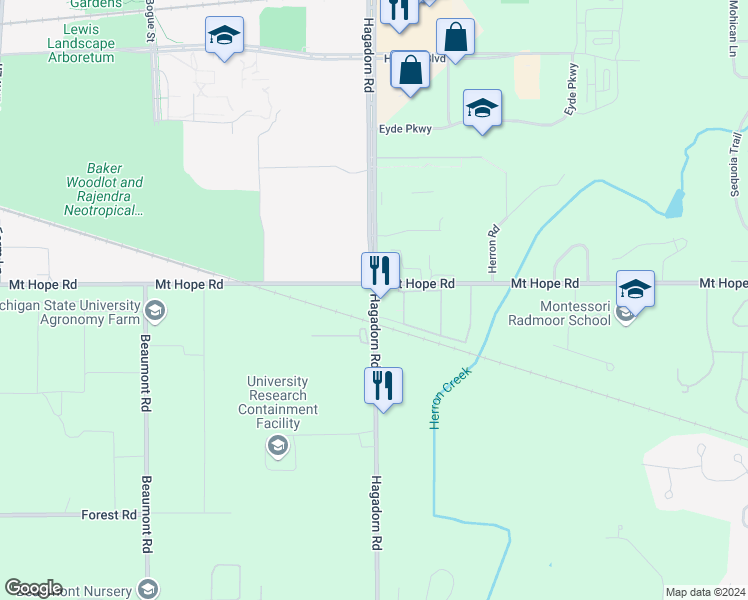 map of restaurants, bars, coffee shops, grocery stores, and more near 4480 Hagadorn Road in Meridian charter Township
