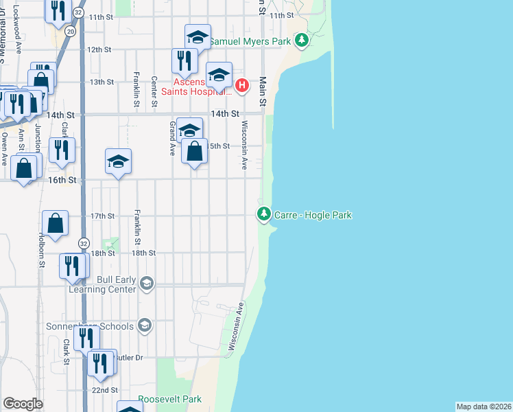 map of restaurants, bars, coffee shops, grocery stores, and more near 216 17th Street in Racine