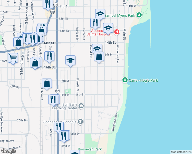 map of restaurants, bars, coffee shops, grocery stores, and more near 608 17th Street in Racine