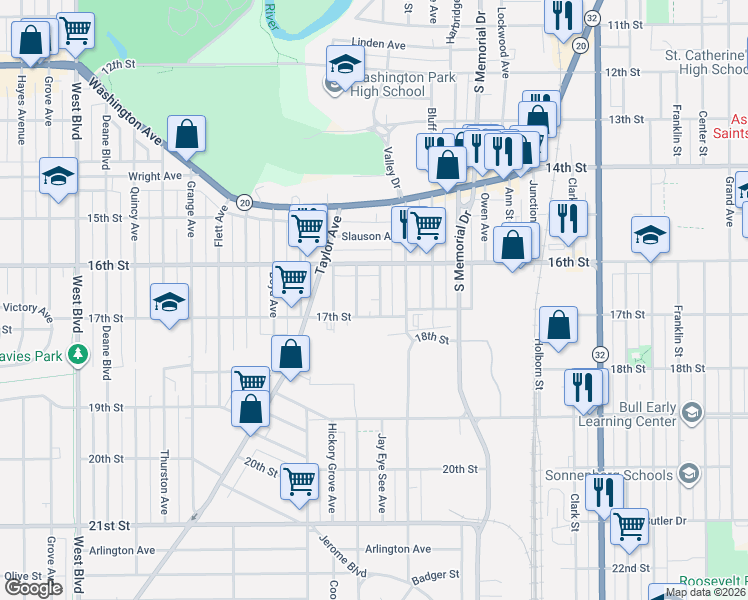 map of restaurants, bars, coffee shops, grocery stores, and more near 1641 Austin Avenue in Racine