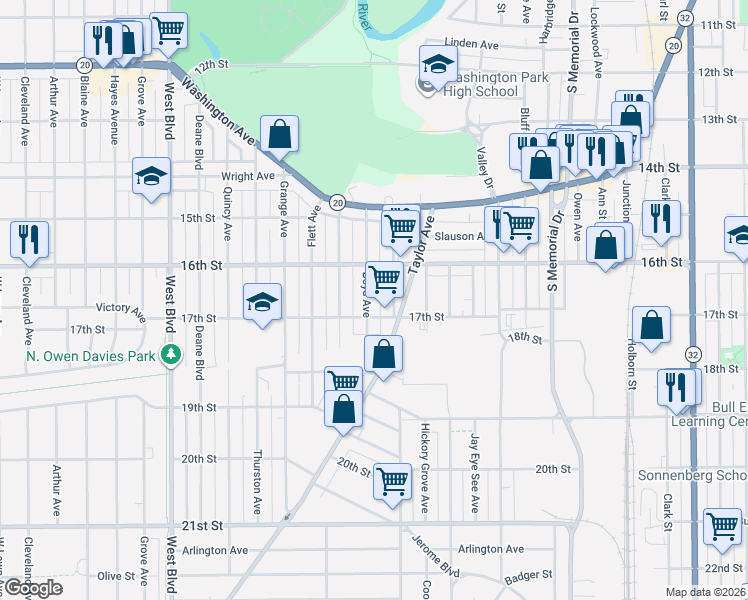 map of restaurants, bars, coffee shops, grocery stores, and more near 1648 Kearney Avenue in Racine