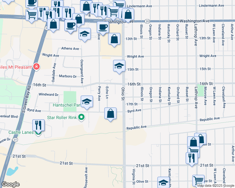 map of restaurants, bars, coffee shops, grocery stores, and more near 1600 Ohio Street in Racine
