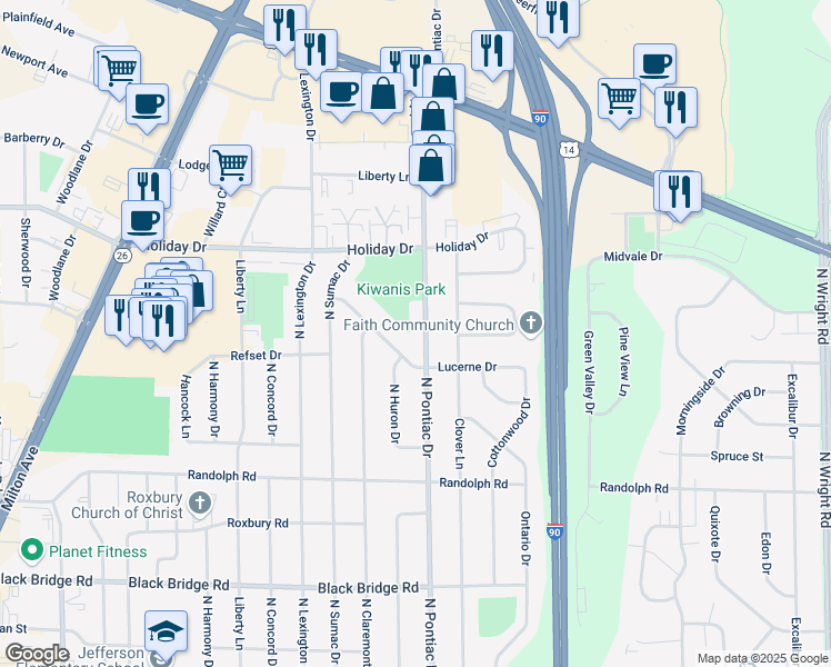 map of restaurants, bars, coffee shops, grocery stores, and more near 2320 North Pontiac Drive in Janesville