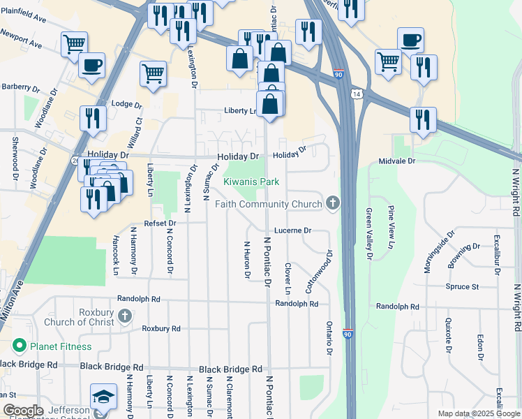 map of restaurants, bars, coffee shops, grocery stores, and more near 2320 North Pontiac Drive in Janesville