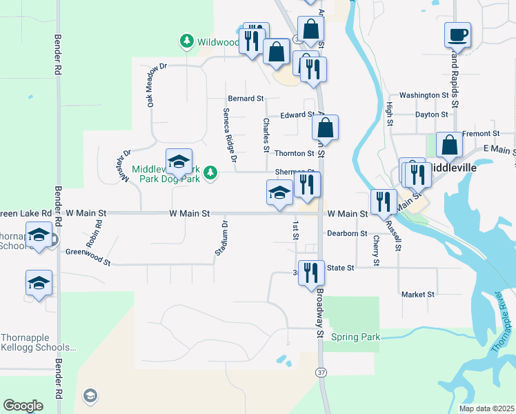 map of restaurants, bars, coffee shops, grocery stores, and more near 614 West Main Street in Middleville