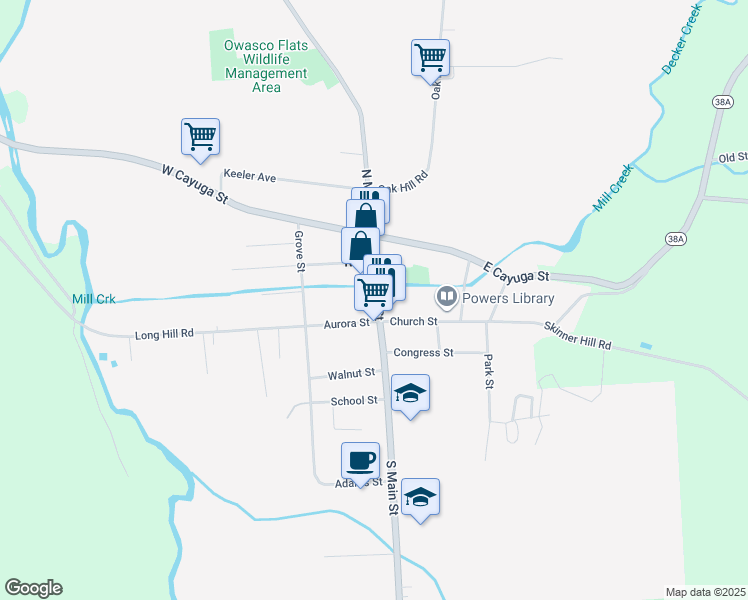map of restaurants, bars, coffee shops, grocery stores, and more near 109 Main Street in Moravia